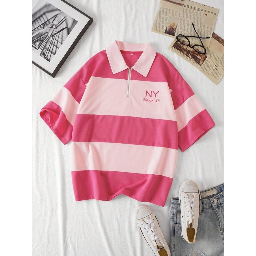 SHEIN NY Brooklyn Pink Striped Quarter Zip Polo Shirt Short Sleeve Streetwear